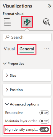 Screenshot of a high-density line sampling, showing pointers to the Formatting pane, General, and High Density Sampling.