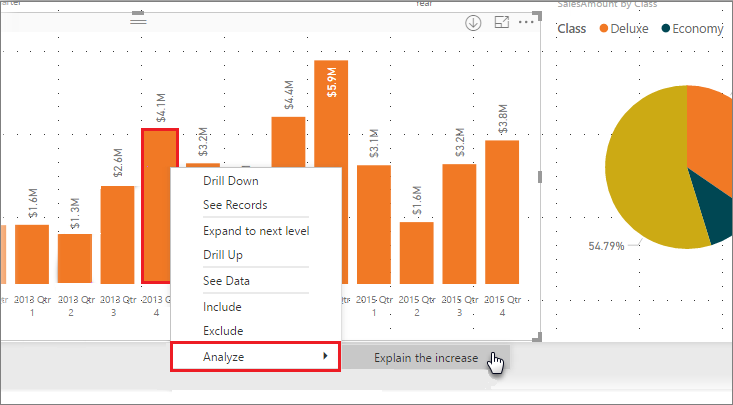 Screenshot of a visual, highlighting Analyze and Explain the increase in the right-click menu.