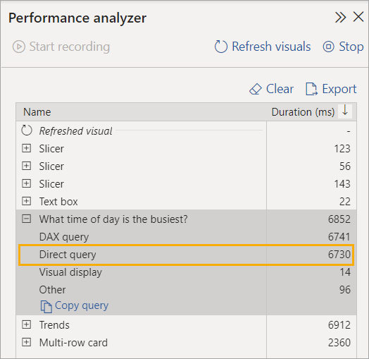 DirectQuery reporting scenario-in performance analyzer screen image