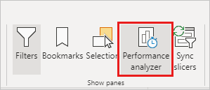 Screenshot shows how to select Performance analyzer in the View ribbon.