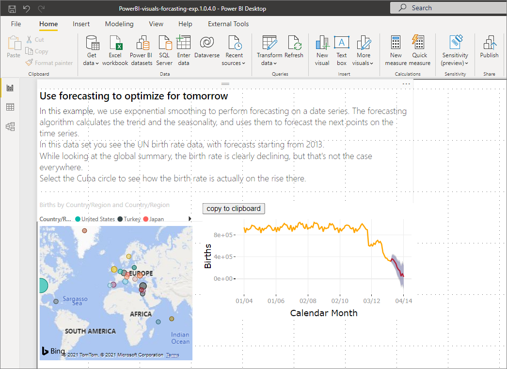 Screenshot of the R-powered forecasting visual working with birth rate data and projections.