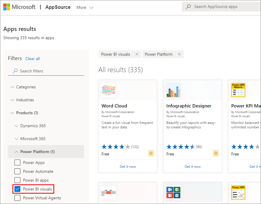 Screenshot of AppSource with Power B I visuals selected in the left pane.