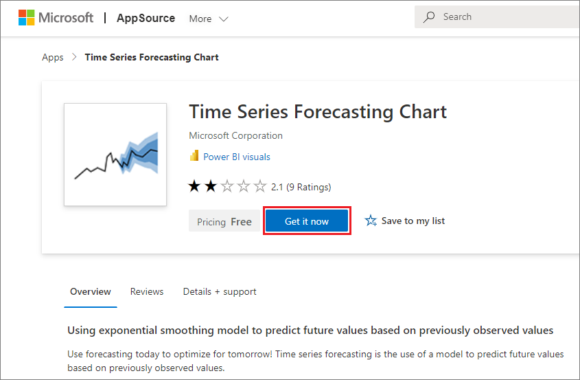 Screenshot showing the Time Series Forecasting Chart Power B I visual in App Source.