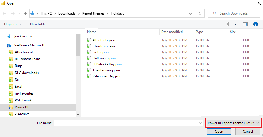 Screenshot of the dialog listing Holiday theme JSON files.