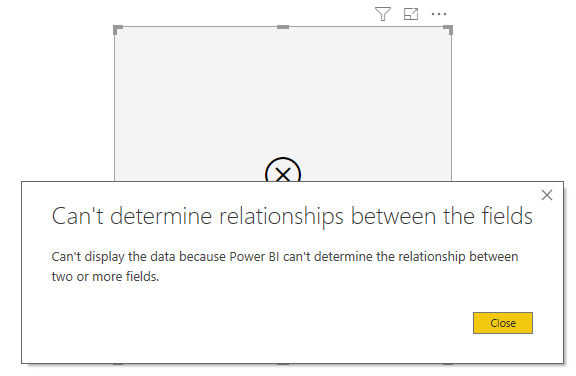 Screenshot of an error dialog, stating Can't determine relationships between the fields.