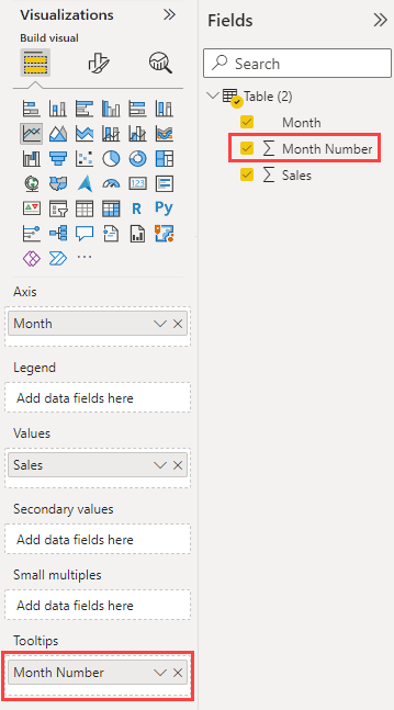 Screenshot of the Power BI service. In the Visualizations pane, the Tooltips fields bucket contains the Month Number field and is highlighted.