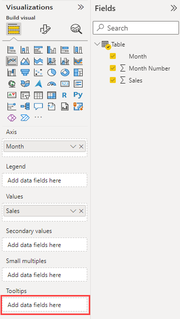 Screenshot of the Power B I service Visualizations and Fields panes. In the Visualizations pane Fields section, the Tooltips fields bucket is highlighted.