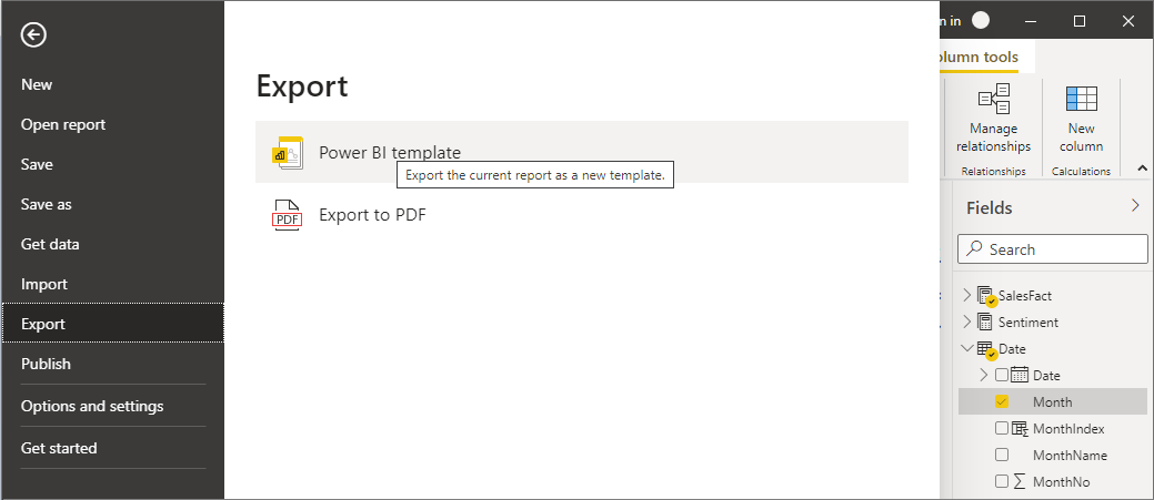 Screenshot of Power BI Desktop, showing Export options.