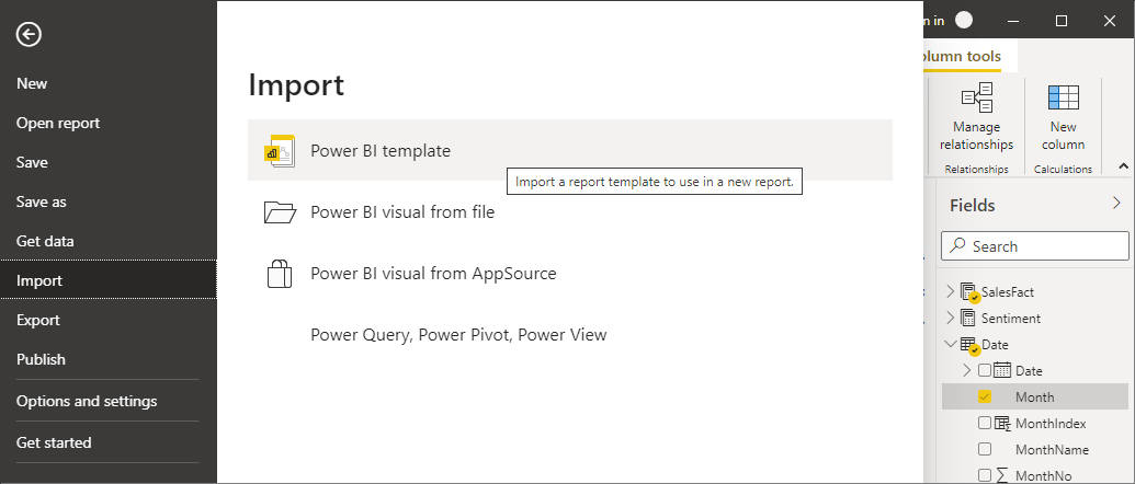 Screenshot of Power BI Desktop, showing Import options.