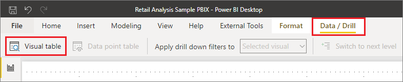 Screenshot that shows where to find the Visual table feature in the Data/Drill tab of the Power BI Desktop ribbon.