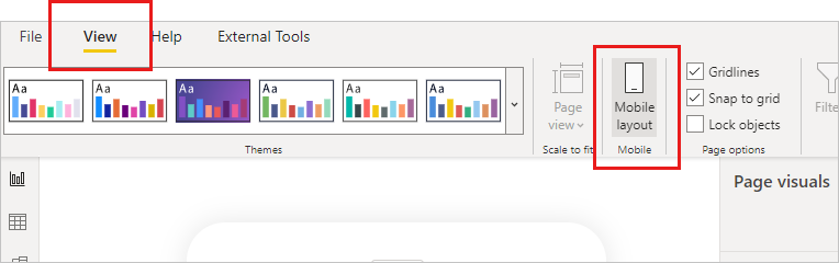 Screenshot of the mobile layout button on the View ribbon in Power BI Desktop.