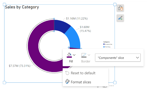 Screenshot showing on-object formatting for a donut chart.