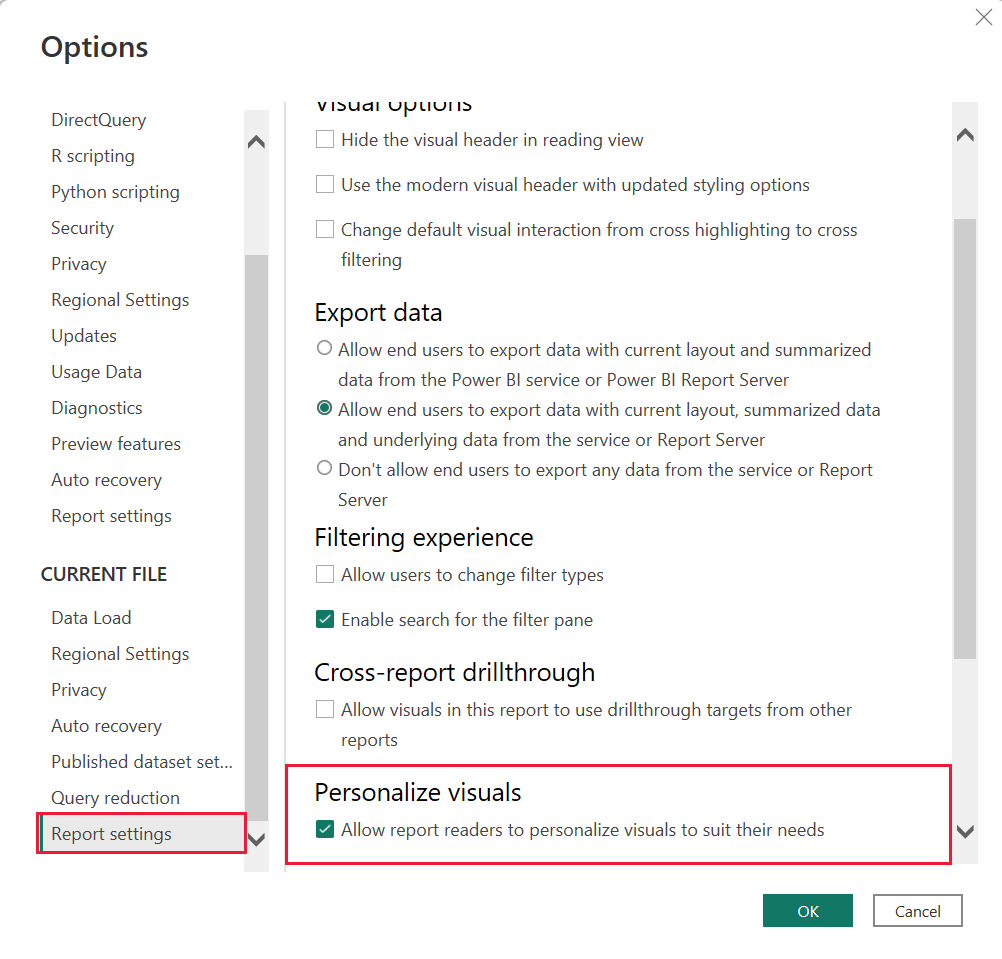 Screenshot of the Options dialog with the Personalize visuals checkbox selected.