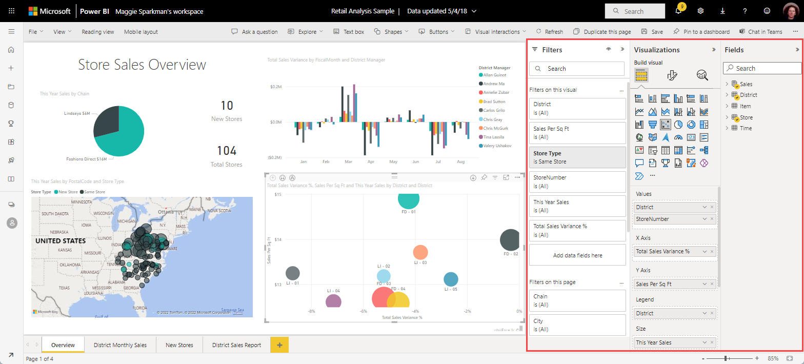 Visualizations, Filters, and Fields panes