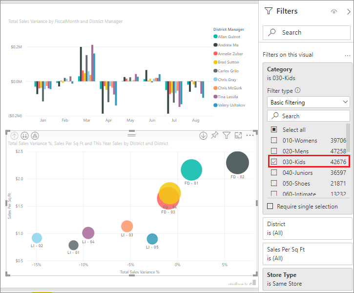 Screenshot shows a scatter chart that reflects the filtered values based on the new field.