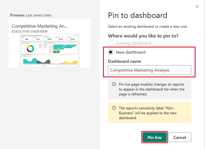 Screenshot shows the Pin to dashboard dialog box for adding to a new dashboard.