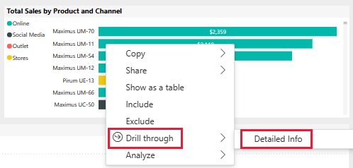 Screenshot shows the context menu for a data field with Drill through, then Detailed Info selected.