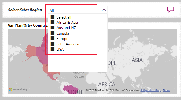 Screenshot shows selecting all regions in the from Select Sales Region.