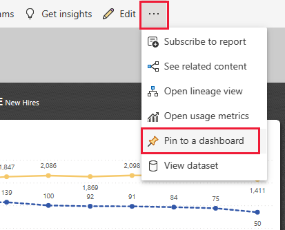 Screenshot shows a Power BI report page with the pin to dashboard option highlighted.