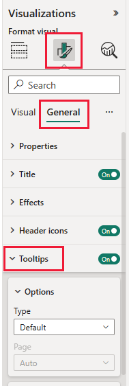 Screenshot shows the tooltip options where you can select the type of tooltip for a visual.