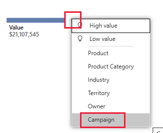 Screenshot shows the value element with its context menu open and Campaign selected.