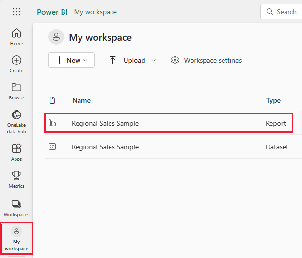 Screenshot shows My workspace with the Regional Sales report highlighted.