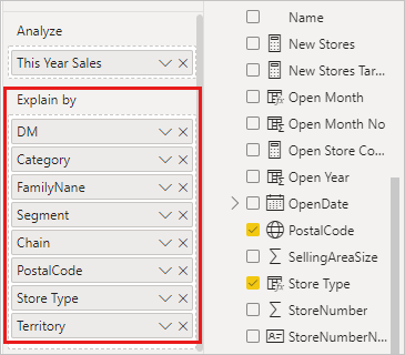 Screenshot shows the fields added to the Explain by box.