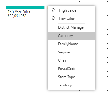 Screenshot showing the decomposition tree with the options available for This Year Sales.