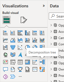 Screenshot shows the Visualizations pane with Decomposition tree selected.