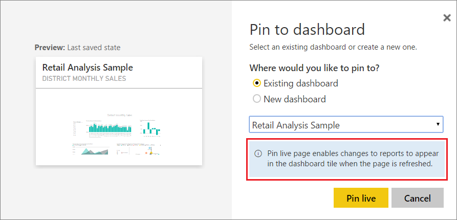 Screenshot showing the Pin to dashboard dialog.