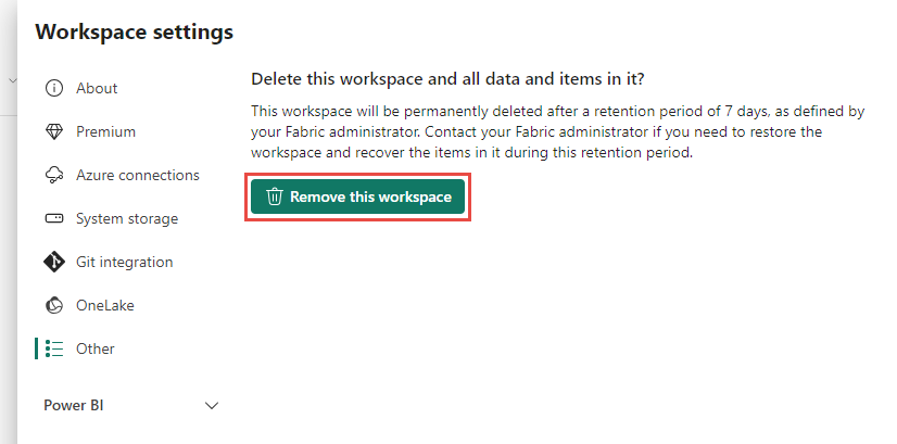 Screenshot of the Workspace settings pane, highlighting Remove this workspace.