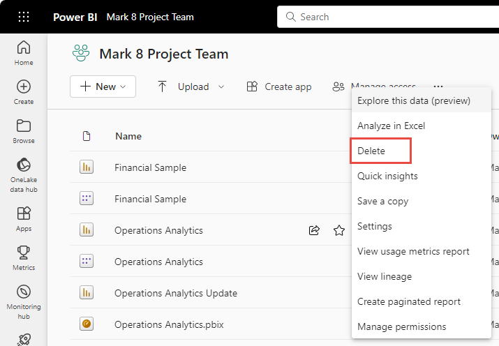 Screenshot of the Power BI service, highlighting the more options icon and Delete.