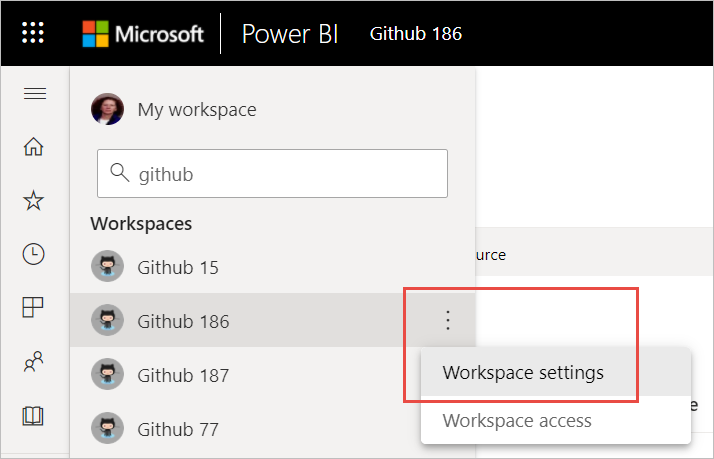 Screenshot of Workspace options, highlighting the more options icon and Workspace settings.
