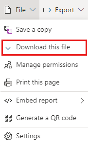 A screenshot of the file menu in the Power BI service, with the 'Download a PBIX file' option highlighted.