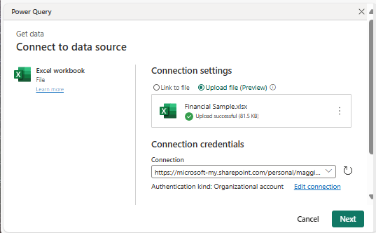 Screenshot of the Power Query dialog, highlighting the Connect to data source dialog box.