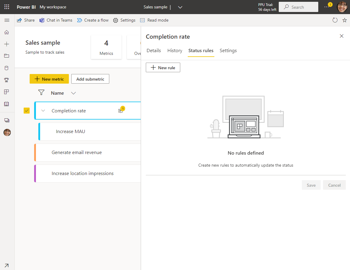 Create automated status rules for metrics in the Power BI service