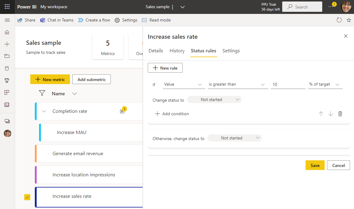 Create automated status rules for metrics in the Power BI service