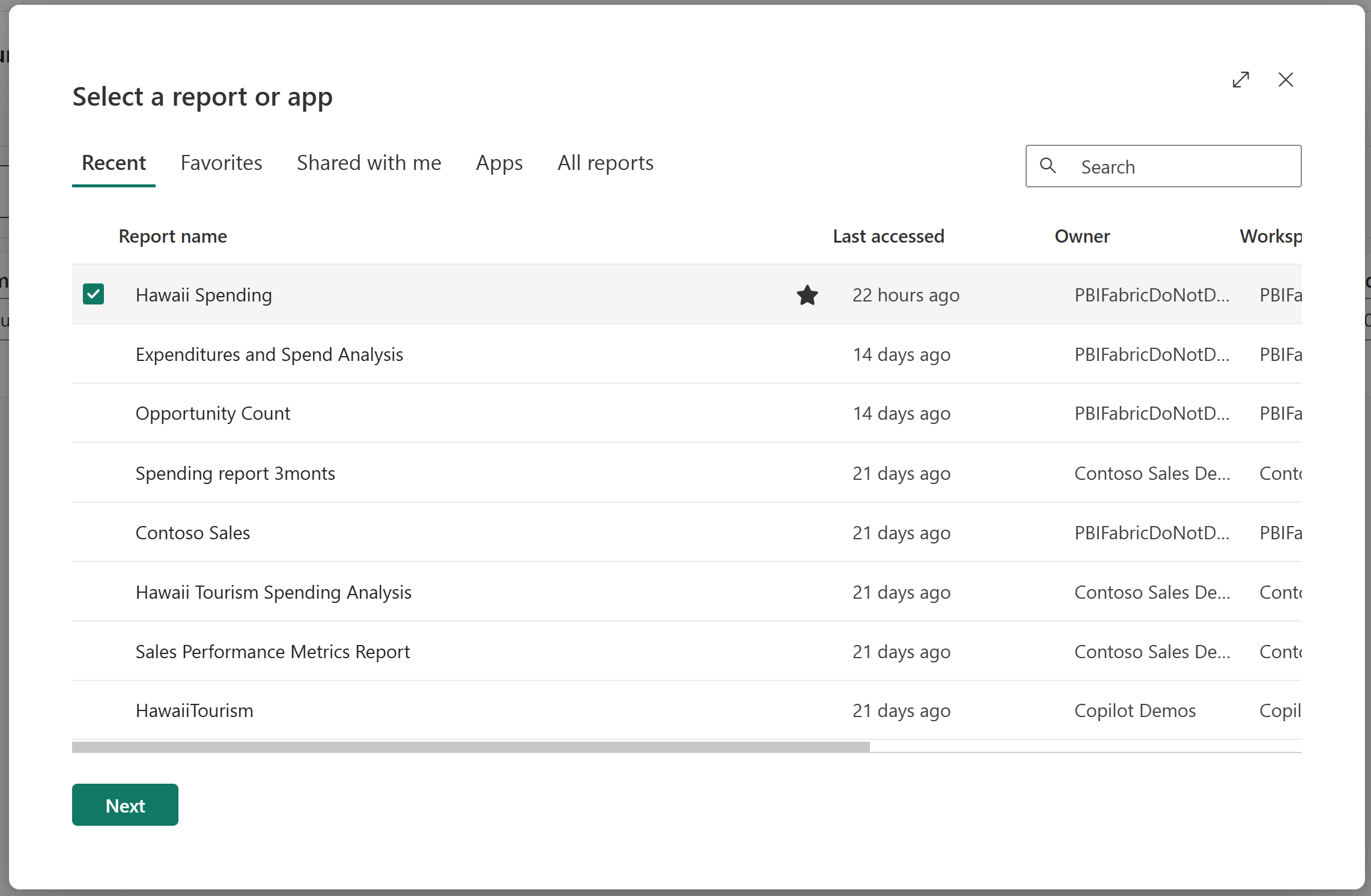 Screenshot of Select the report that contains the data value you want to connect to.