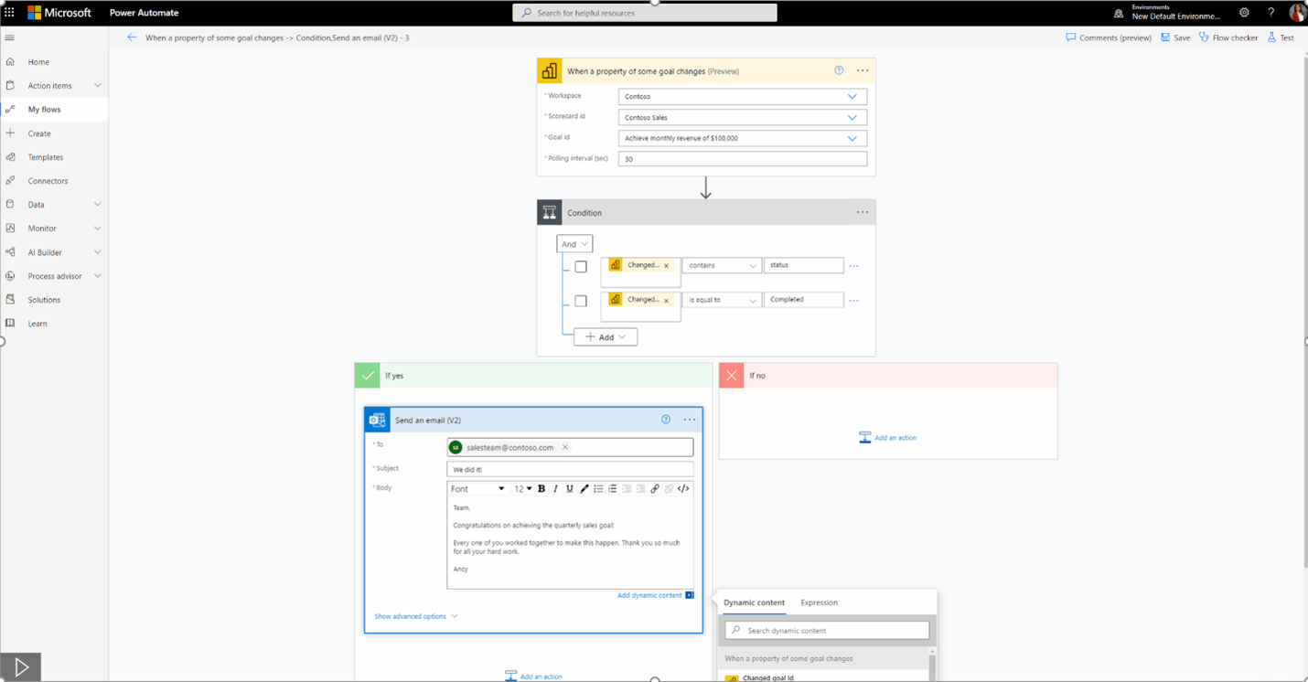 Screenshot of An example of a flow you set up in Power Automate for your scorecard.