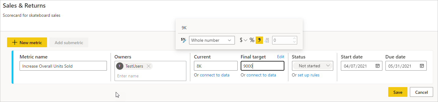 Screenshot of In the New metric, select a number format.