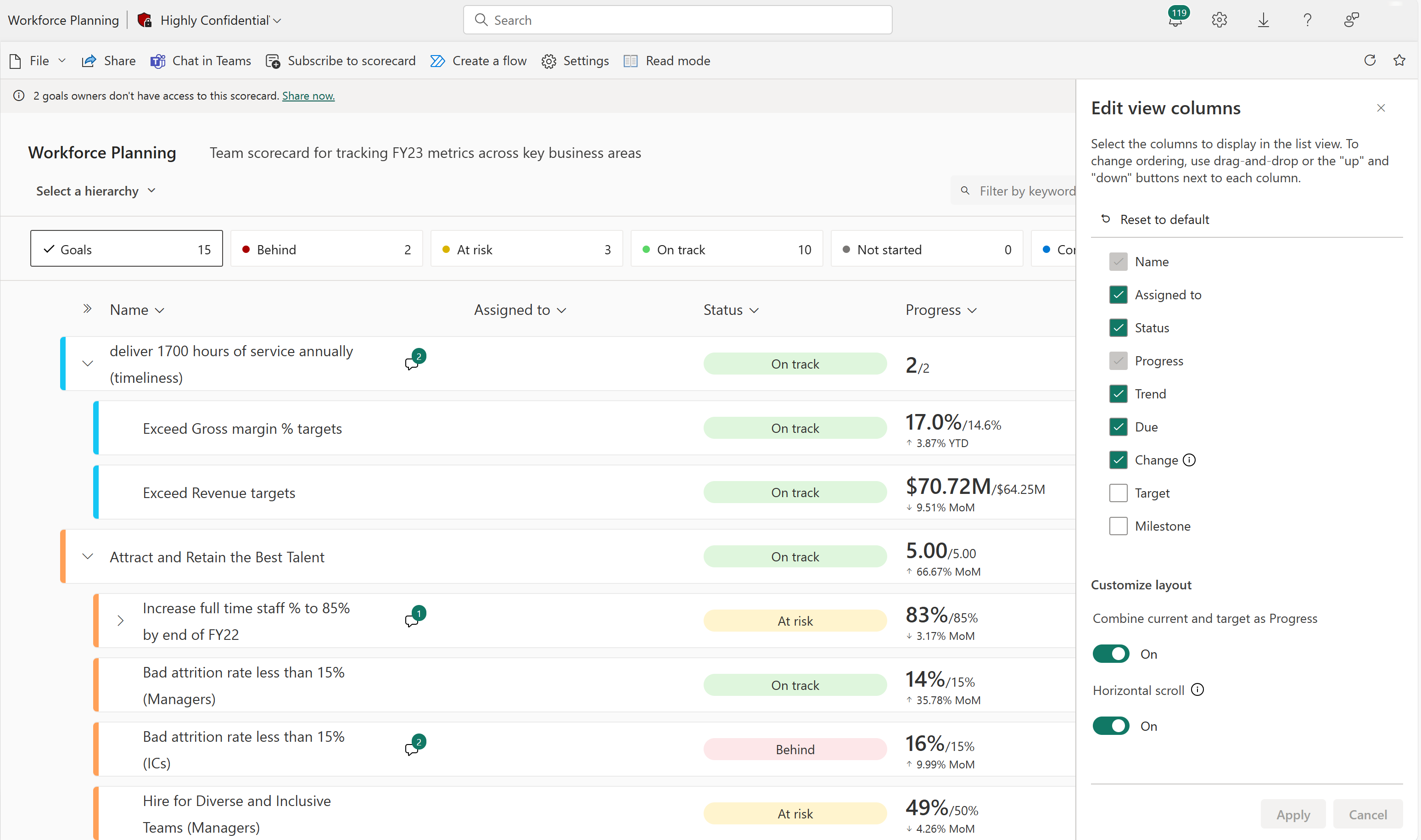 Screenshot of the Edit view columns pane.