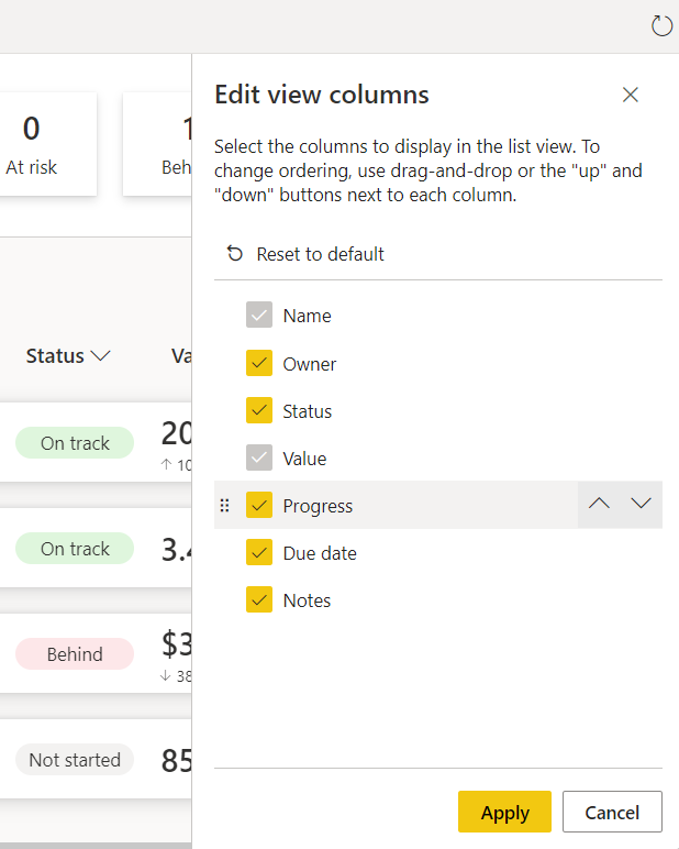 Screenshot of moving a column in the Edit view columns pane.