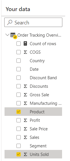 Screenshot showing Your data pane with fields selected.