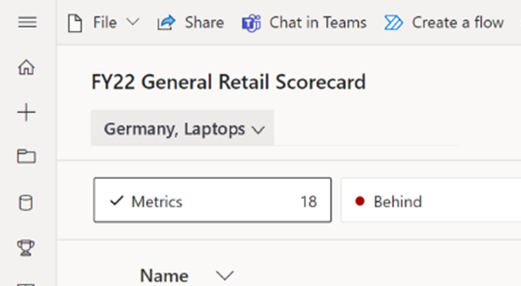 Screenshot of A header within a scorecard that restates the two levels of the hierarchy a user chose, Germany and Laptops.