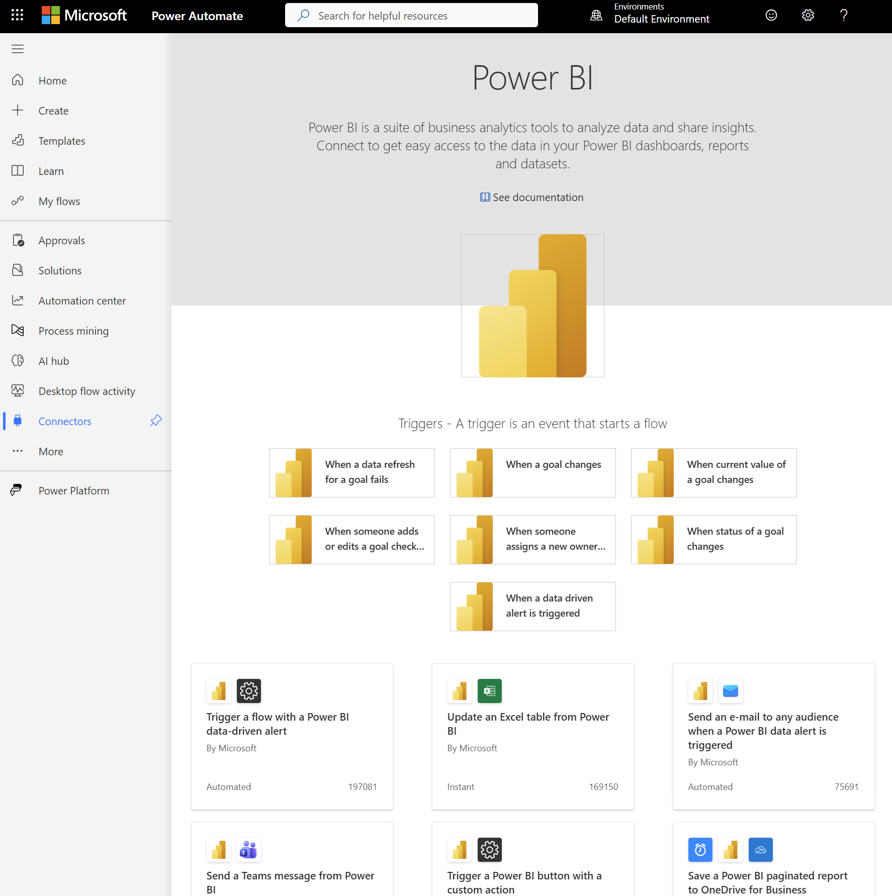 Screenshot of the Power BI connector page in Power Automate.