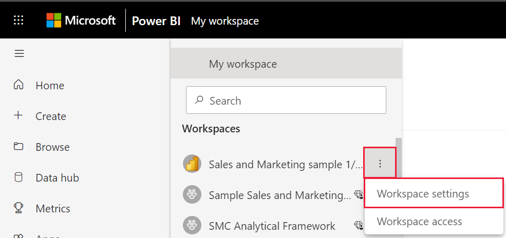 Screenshot that shows Workspace settings in the Workspaces list.