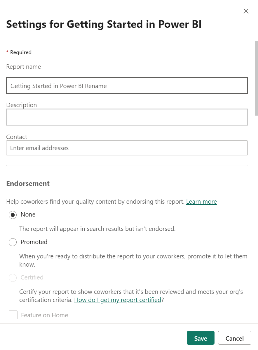 Screenshot of the Settings for Getting Started in Power BI dialog.