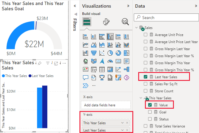 Screenshot of the visualization with Last Year Sales and Value selected in the Data pane.