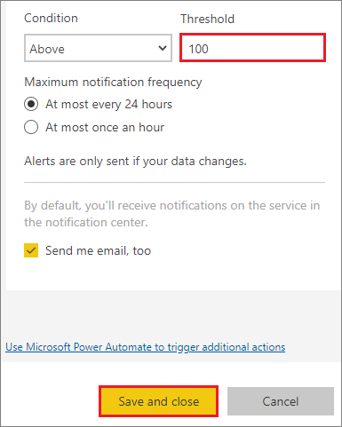 Screenshot of the Manage alerts window, highlighting the Threshold entry of 100.