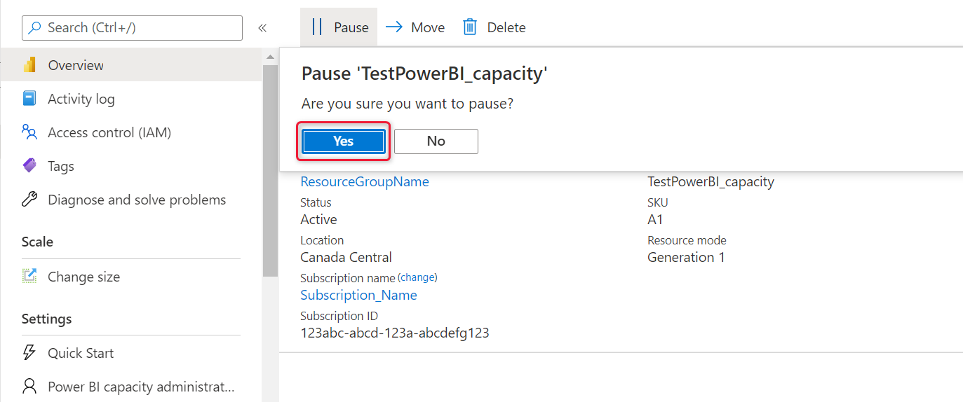 Screenshot of the Azure portal, which shows the highlighted Yes button in the pause capacity dialog.